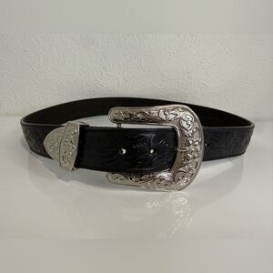 Vintage 3D Western Black Floral Embossed Leather Belt Silver Buckle 32 EUC
